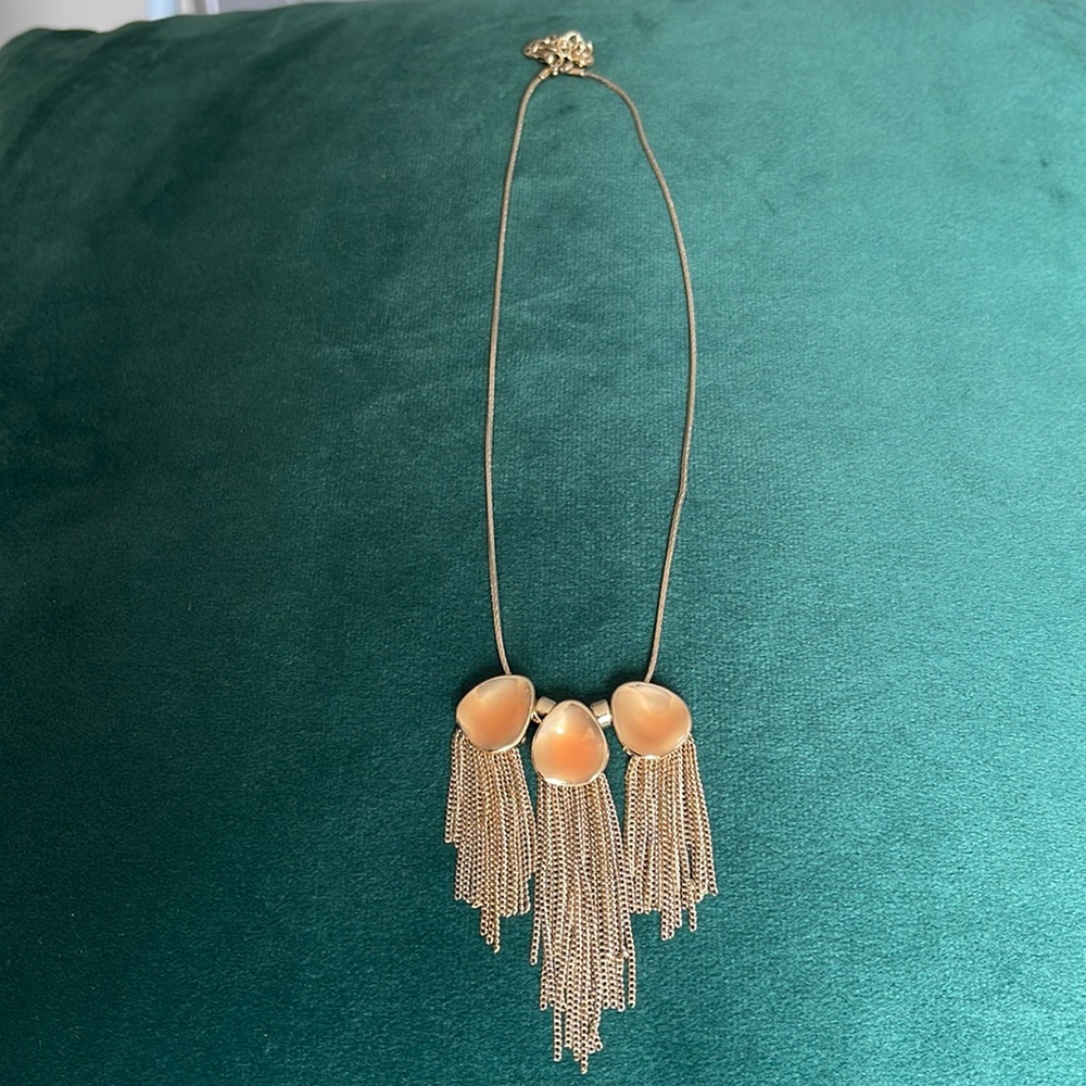 Halogen Gold-Colored Necklace With 3 Stones and Fringe Chain Tassels